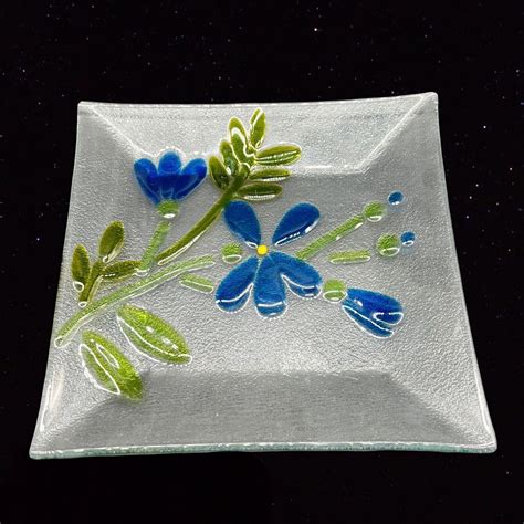 Vintage Fused Art Glass Charger Plate Platter Blue Flower Etsy