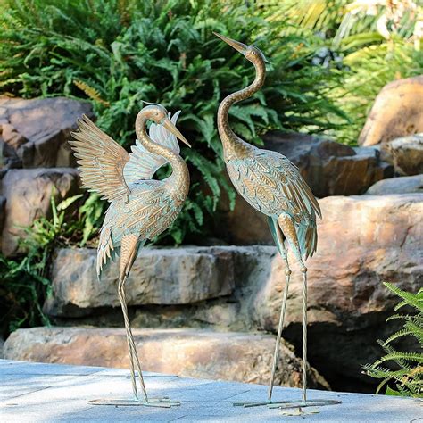 Set Of 2 Standing Metal Crane Garden Statue Décor Vintage Etsy