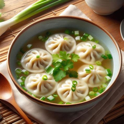 Premium Ai Image A Bowl Of Chicken Dumplings In A Clear Broth With