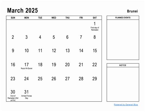 March 2025 Planner with Brunei Holidays