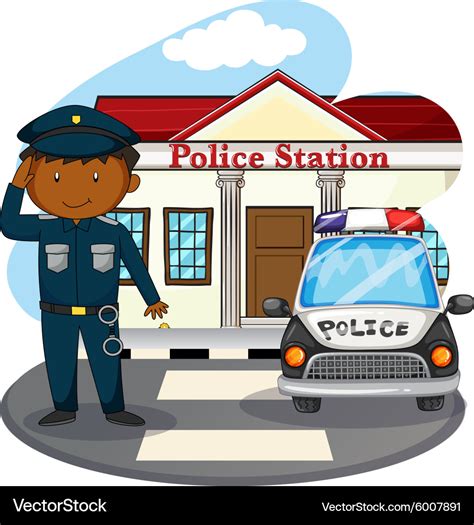 Policeman Saluting In Front Of Police Station Vector Image