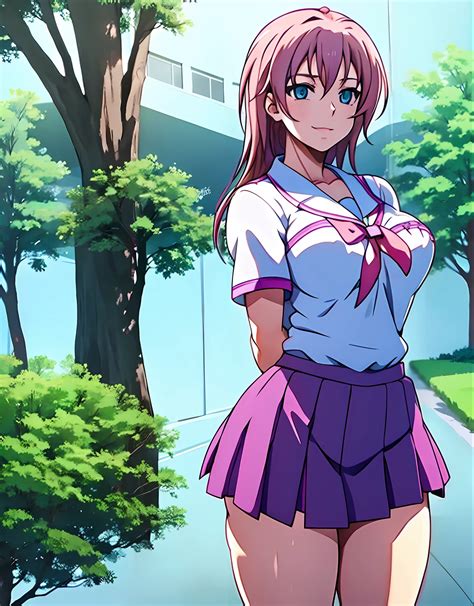 Anime Girl In A Short Skirt And A Shirt Standing In Front Of A Tree