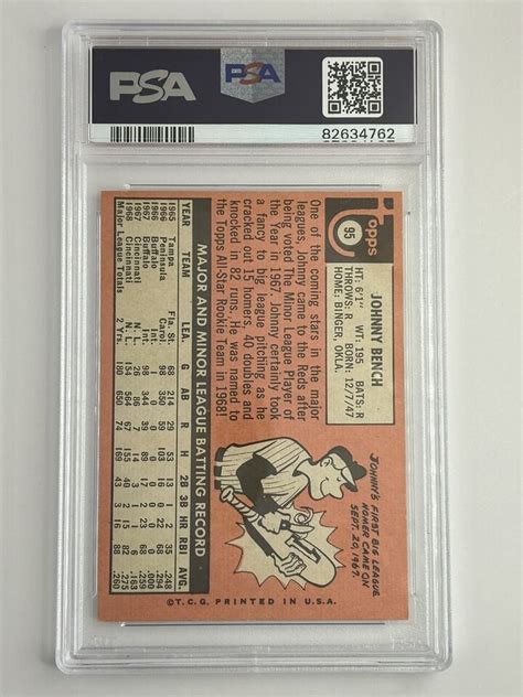 1969 Topps Johnny Bench Rookie 95 PSA 6 Cincinnati Reds HOF Sharp