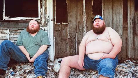 Close Up Portrait Of Fat Redneck Man Sitting On Front Stable Diffusion