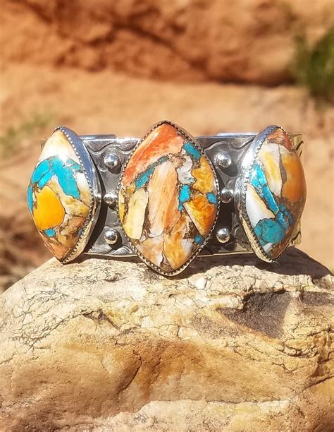 Turquoise With Spiny Oyster Cuff Bracelet Blue Kingman Turquoise Three