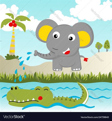 Funny animals cartoon elephant with crocodile Vector Image