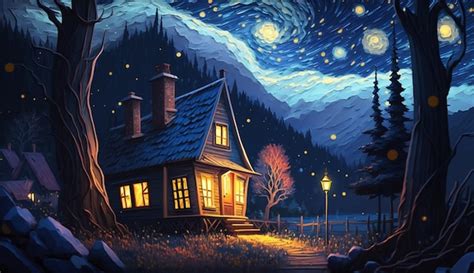 Premium AI Image | A painting of a house in the night sky with the ...