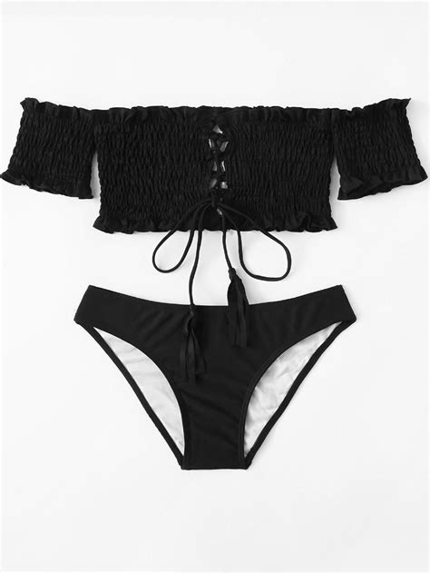 Off The Shoulder Shirred Bikini Set Shein Sheinside Swimwear