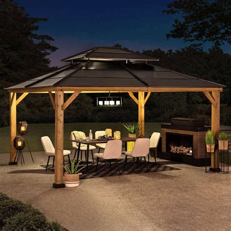 Buy Sunjoy Outdoor Patio 13x15 Brown 2 Tier Wooden Frame Backyard Hardtop Gazebo — Garage Department