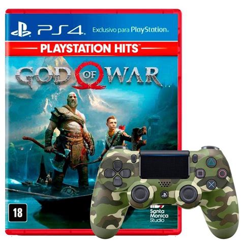 Kit Controle Sony Dualshock 4 PS4 Sem Fio Camuflado Jogo God Of War