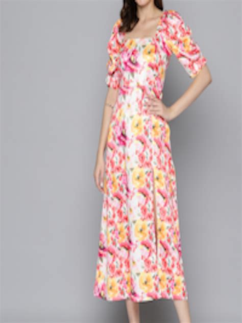 Buy Mast And Harbour Floral Print Puff Sleeves Satin Fit And Flare Midi