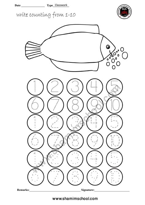 Pre School Counting Worksheet On Tracing Dots Number 1 10 Shamim Grammar School Sgs