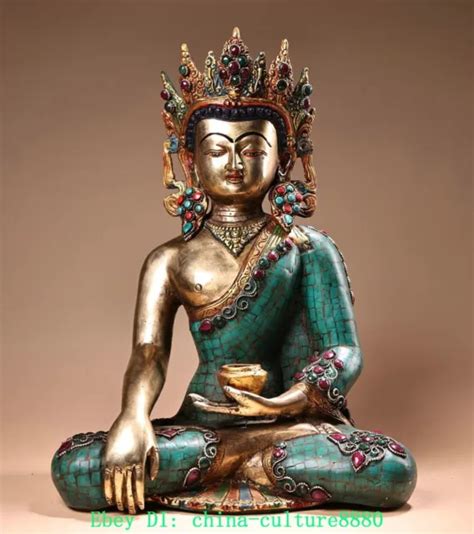 Vieux Bronze Tib Tain Incrust De Pierres Turquoises Shakyamuni