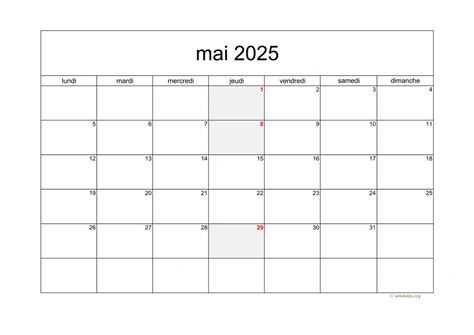 Calendrier Mai 2025 WikiDates Org