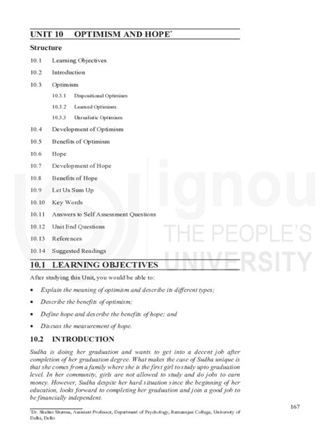 Fillable Online Egyankosh Ac UNIT 10 OPTIMISM AND HOPE 10 1 LEARNING