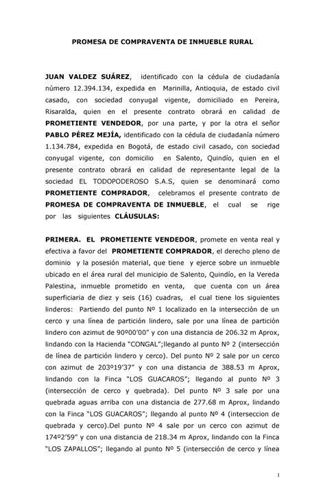 Modelo De Contrato De Promesa 1 Promesa De Compraventa De Inmueble