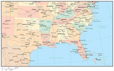 USA South Region Map with State Boundaries, Roads, Capital and Major C