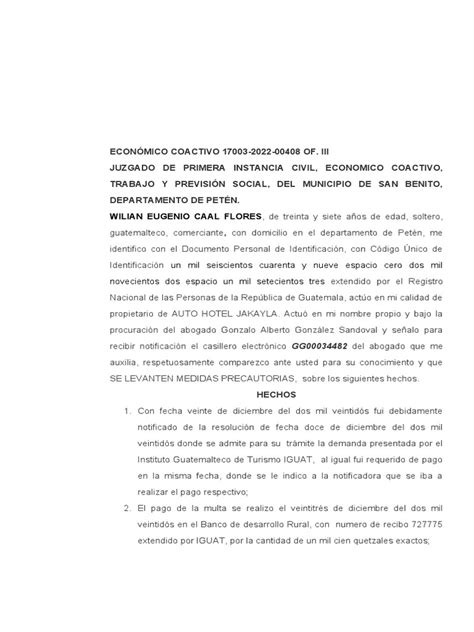 Memorial Evacuado Una Excepcion De Pago En Tiempo Extemporaneo Pdf Guatemala Demanda Judicial