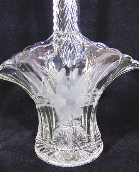 Vintage Cut Crystal Etched Glass Basket With Handle Duncan And Miller Floral Leaves 12h Etsy