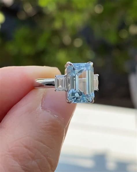 Emerald Cut Aquamarine Ring Art Deco Ring Lab Aquamarine Sterling