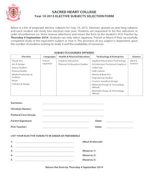 Fillable Online Sacredheart Wa Edu Yr10 2015 Subject Selection Form