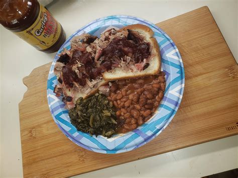 [homemade] Pulled Pork Baked Beans And Turnip Greens Food