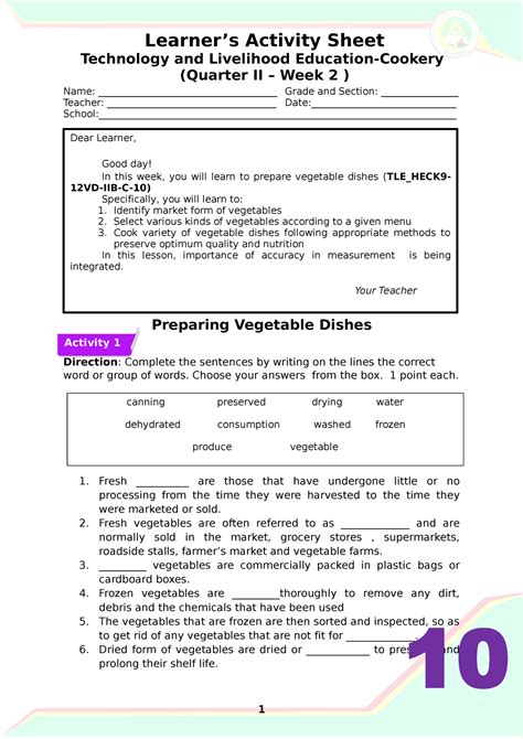 G10 Tle Cookery Q2 W2 Preparing Vegetable Dishes Name