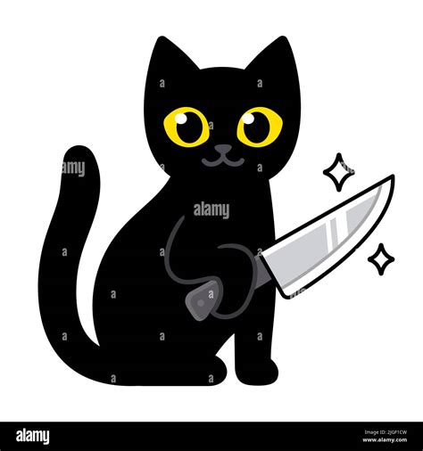 Funny Cute Cartoon Black Cat Holding A Knife Horror Humor Vector