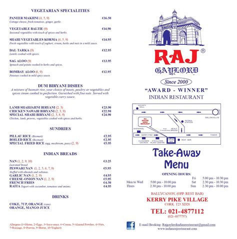 Menu At Raj Gaylord Indian Restaurant Cork Ballycannon Carrigrohane