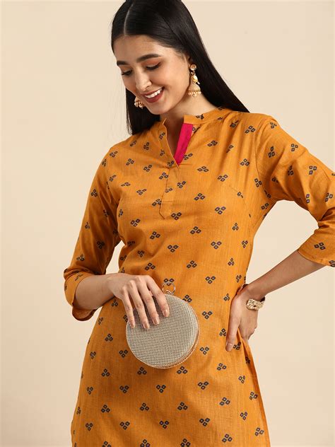 Buy Anouk Women Mustard Yellow And Blue Bandhani Print Pure Cotton Kurta