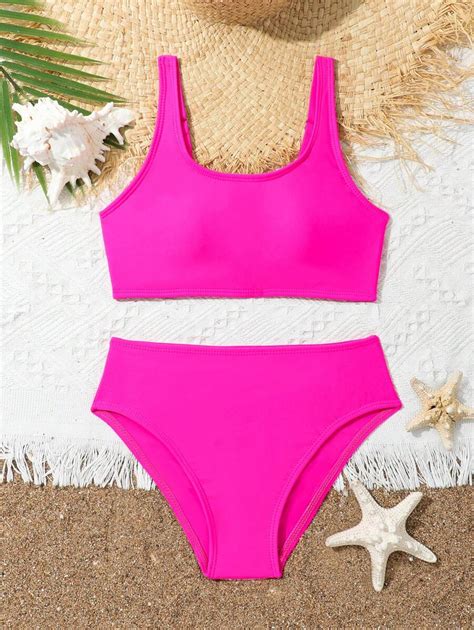 Shein Tween Girl Solid Color Vest And Triangle Briefs Casual Bikini Separates Swimwear Set