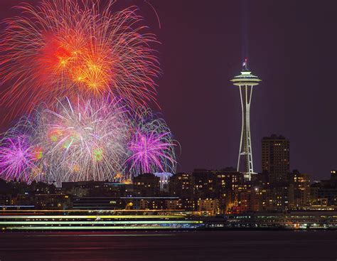 Fireworks with Space Needle Photograph by Hisao Mogi - Pixels