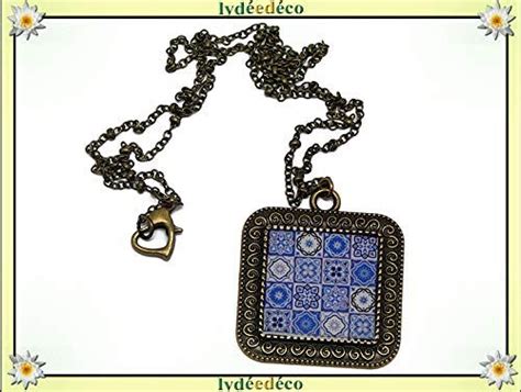 Retro Collana Lisboa Azulejos Resina Blu Bianco Medaglione Resina