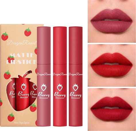 3Pcs Matte Lipgloss Set Strawberry Matte Lipstick Set Matte Nude Liquid Long Lasting Wear Non