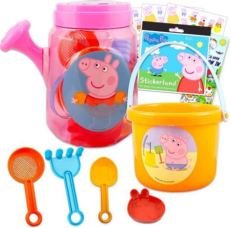 the peppa pig toy is next to its plastic utensils and other toys