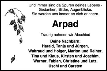 Traueranzeigen Von Arpad Trauer Kreiszeitung De