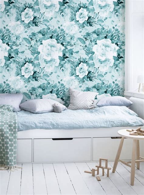 Aqua Flowers Removable Wallpaper Blue Wall Mural Reusable