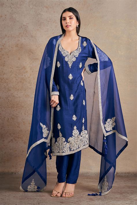 Buy Blue Kurta And Pant Pure Silk Embroidered Zardozi Notched Set For