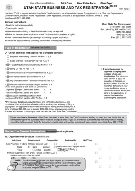 Fillable Form Tc 69 Utah State Business And Tax Registration Printable Pdf Download