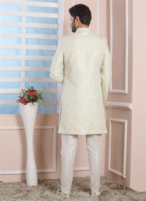 Shop Mint Green Jacquard Silk Indowestern Sherwani Wedding Wear Online