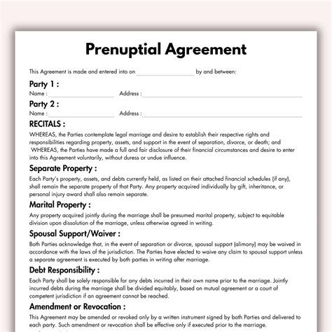 Prenuptial Agreement, Printable Prenup Form Template, Editable
