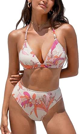 Amazon Cupshe Women S Bikini Sets Two Piece Swimsuit V Neck Triangle Cups Mid Rise Back