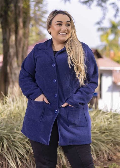 Casaco Plus Size Feminino Em Boucle Peluciado Bolso Azul Marinho