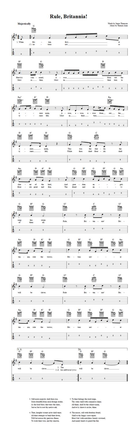 Rule, Britannia: Chords, Sheet Music, and Tab for Guitalele with Lyrics