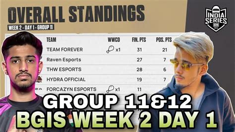 BGIS Points Table Day 1 Week 2 Group 11 12 Overall Standings