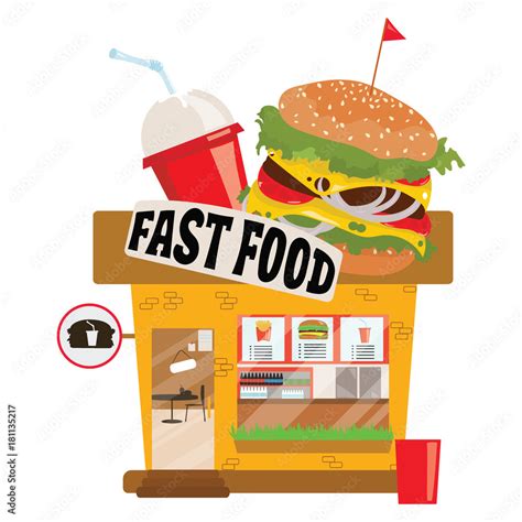 Cartoon fast food restaurant. Small shop. Business illustration. Stock ...