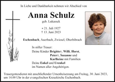 Traueranzeige Anna Schulz Eschenbach OberpfalzECHO