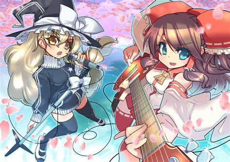 2girls Aqua Eyes Blonde Hair Bow Brown Hair Guitar Hakurei Reimu Hat