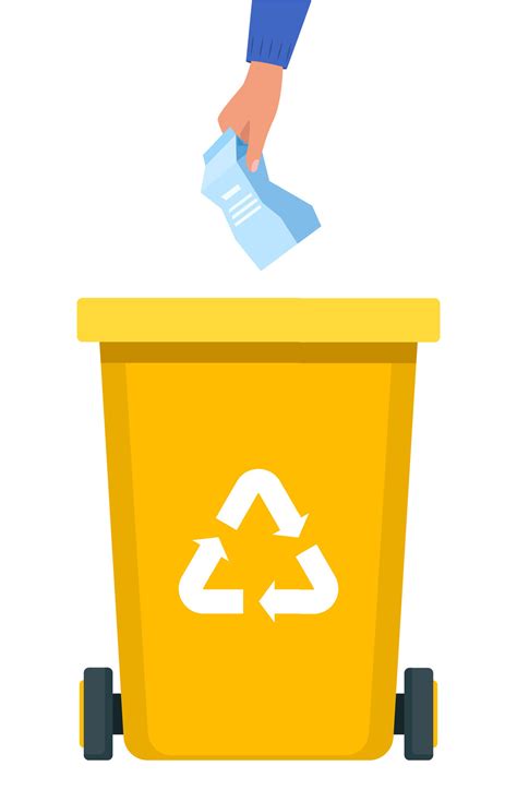 Hand Throws Paper Package Into The Yellow Bin With Recycling Symbol For