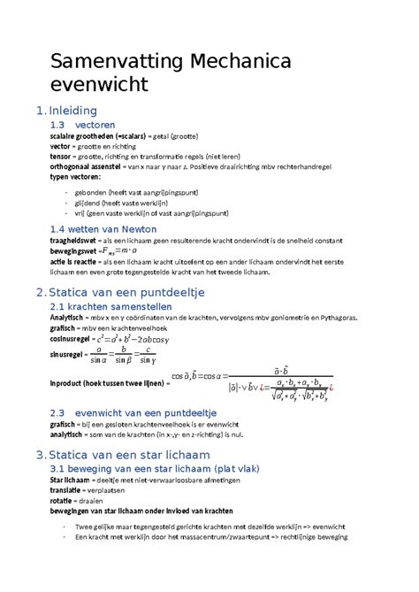 Samenvatting CM1 Statica Samenvatting Mechanica Evenwicht 1